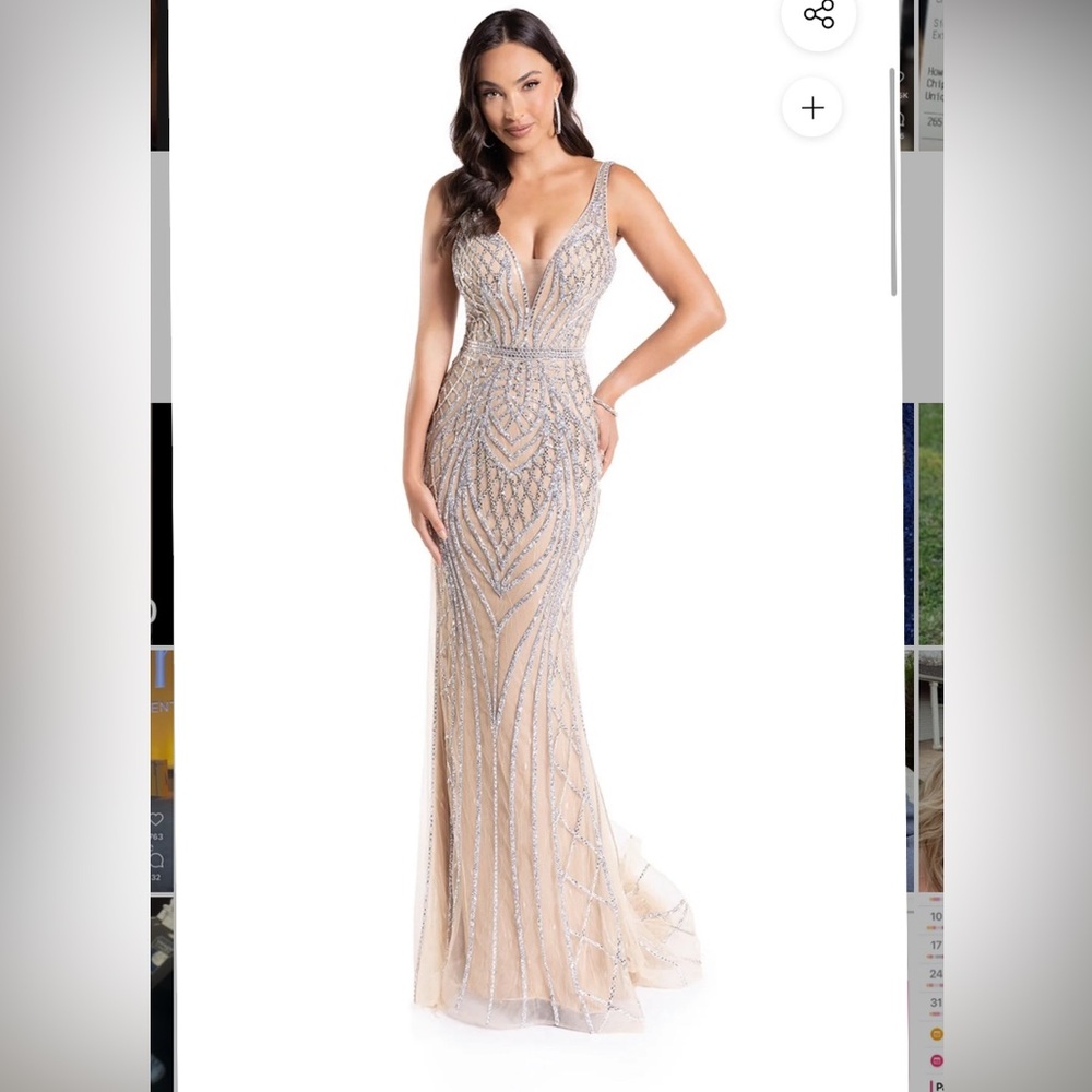 Stunning - well crafted Cream and Silver Maxi Gown with Plunge Neckline.